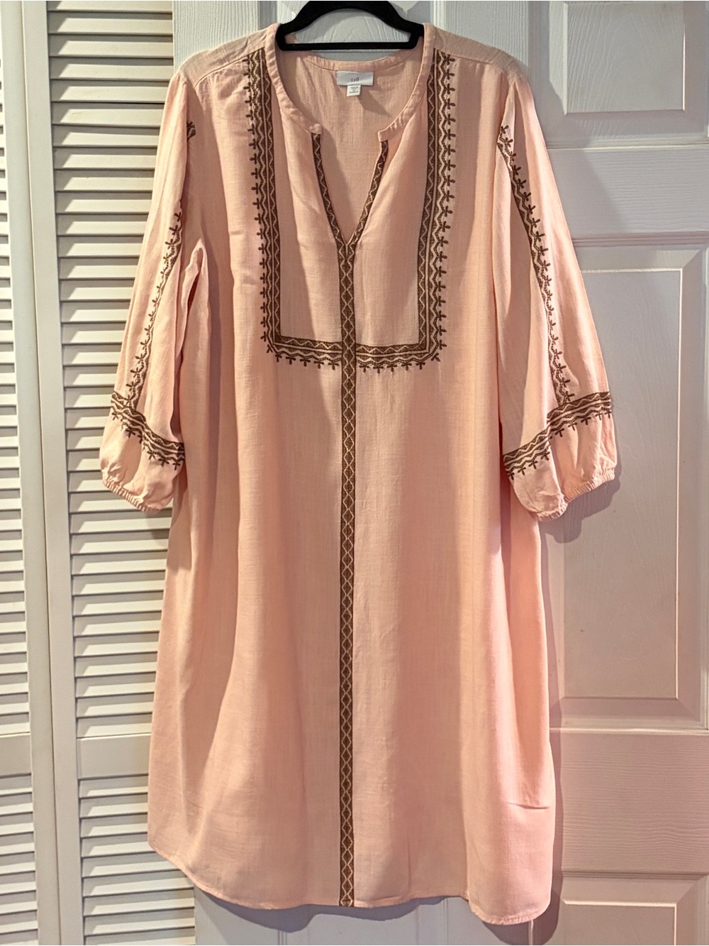 J Jill 1X Embroidered Linen Blend Dress Peach Brown Fall Boho Midi 3/4 Sleeve - Picture 2 of 11